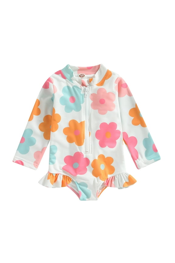 Toddler Girls One Piece Swimsuits Kids Girls Long Sleeve Zip-up Ruffle Floral Print Romper Top Child Girls Rash Guards Beach Bathing Suit 1-5T