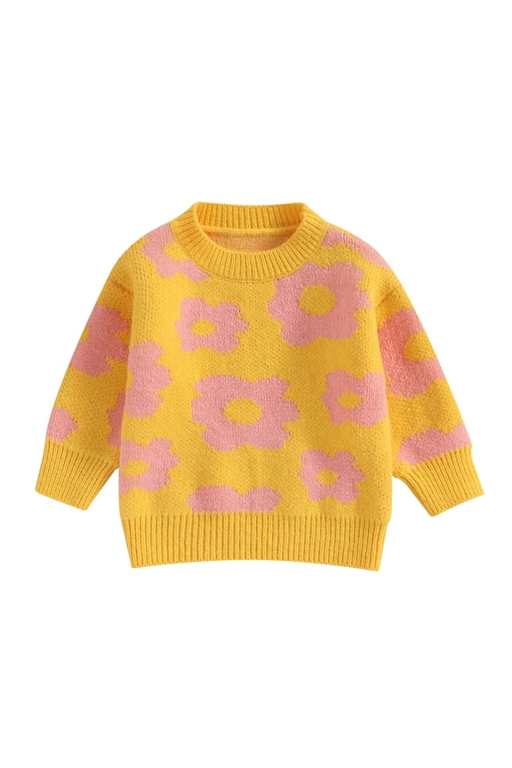 Toddler Girls Sweaters 6M 1T 2T 3T Kids Girls Long Sleeve Flower Print Knit Pullovers Tops Casual Fall Winter Warm Knitwear Clothes for Children Girls