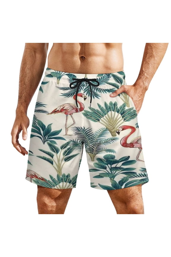 Tropical Leaf Flamingo Pattern Men's Beach Shorts, Breathable Mesh Lining Quick Dry with Pockets, Casual Swimwear for Adults,