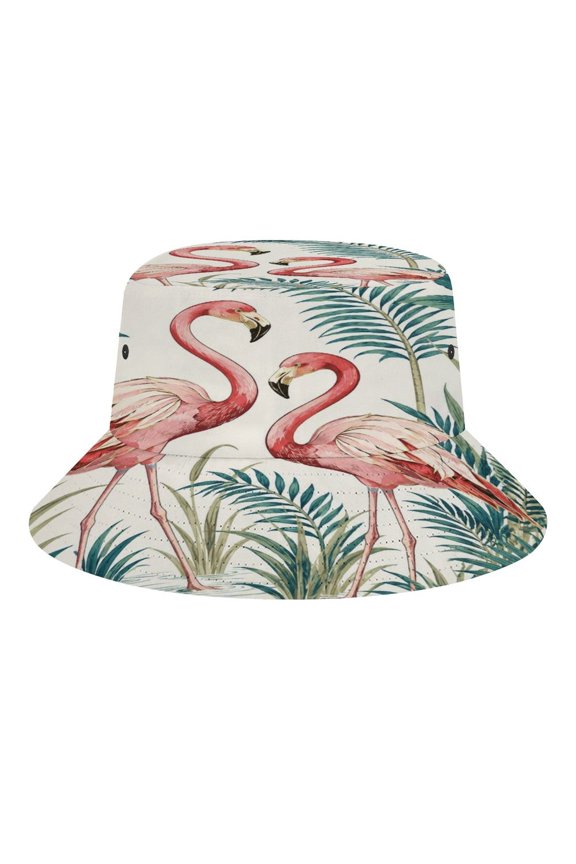 Twin Flamingos Tropical Foliage Bucket Hat, Soft, Printed, Packable Fisherman Sun Hat for Beach Travel Hiking Vacation, Sun Hat for Women Men, One Size