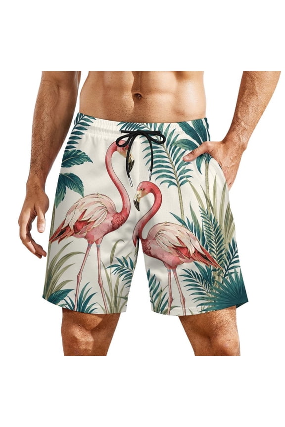 Twin Flamingos Tropical Foliage Men's Beach Shorts, Breathable Mesh Lining Quick Dry with Pockets, Casual Swimwear for Adults,