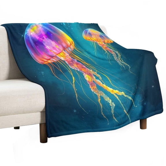 GXFC Two jellyfish in the deep sea, winter sofa dormitory home decoration, must-have travel product. Size is 60x80 inches.