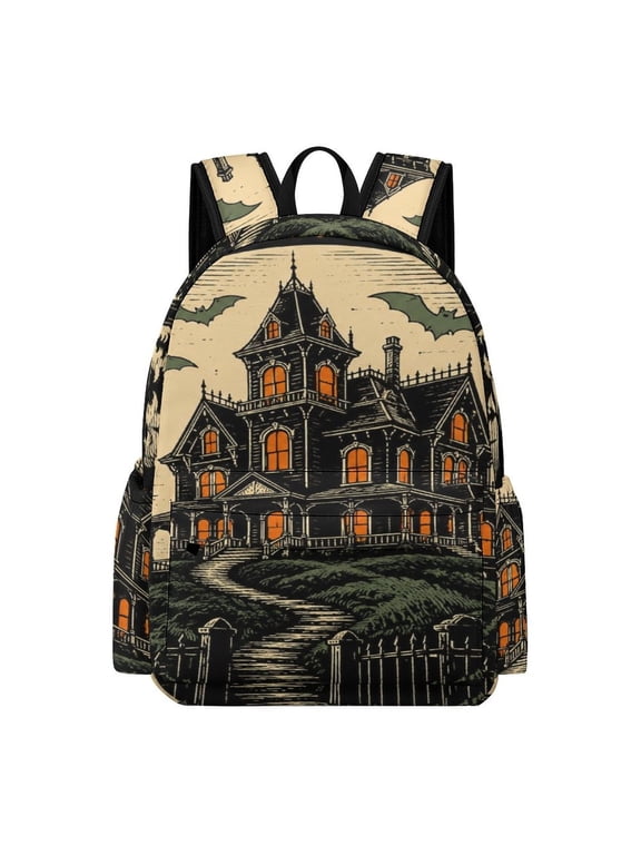 Vintage Haunted House Graveyard Border Printed Oxford Backpack, Large Capacity Laptop Backpack, Water Resistant, Travel Daypack for College Work Commuting Adults,