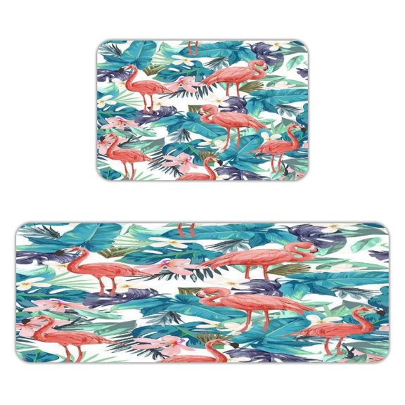 GXFC White Tropical Flamingo Pattern Kitchen Mats for Floor, Sets of 2, Soft Washable, Clear Print, Non Skid Waterproof Kitchen Rug for Sink Floor Sink Laundry Bar Office Room Home Cooks