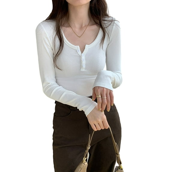 GXFC Women Basic Crew Neck T-shirt Long Sleeve Pullover Button Closure Blouses Solid Slim Fit Shirt Ladies Fall Tops Streetwear