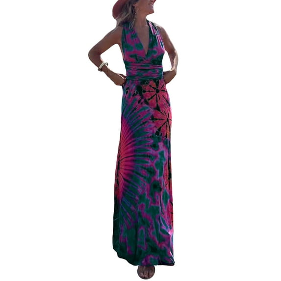 GXFC Women Bodycon Maxi Dress Sleeveless Backless Tie-dye Print Vacation Dress Sundress Summer Beach Dress