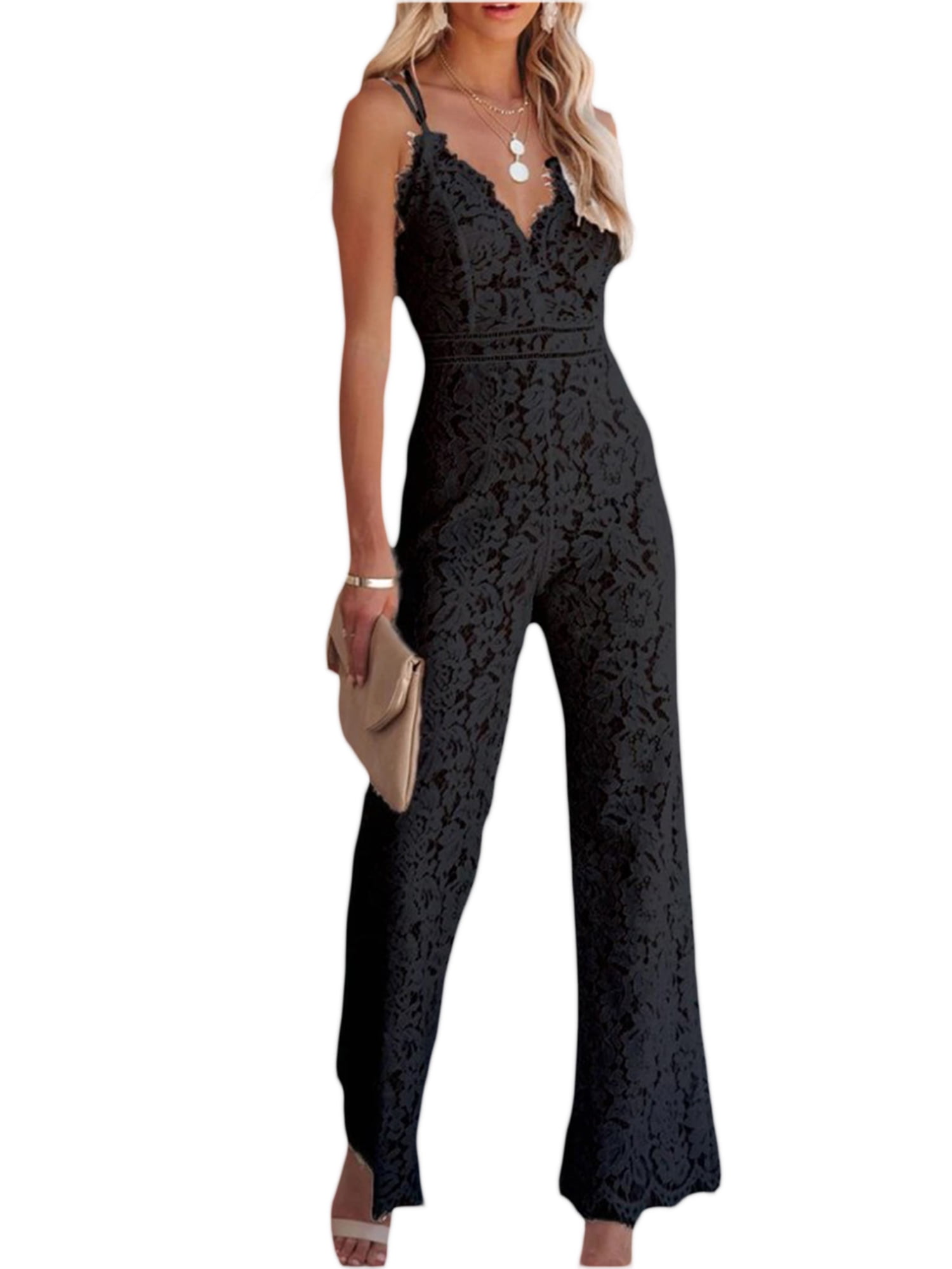  Sucolan Womens Ruffle Short Sleeve Jumpsuit V Neck Belted  Rompers Wide Leg Pants Overalls Black M : Clothing, Shoes & Jewelry