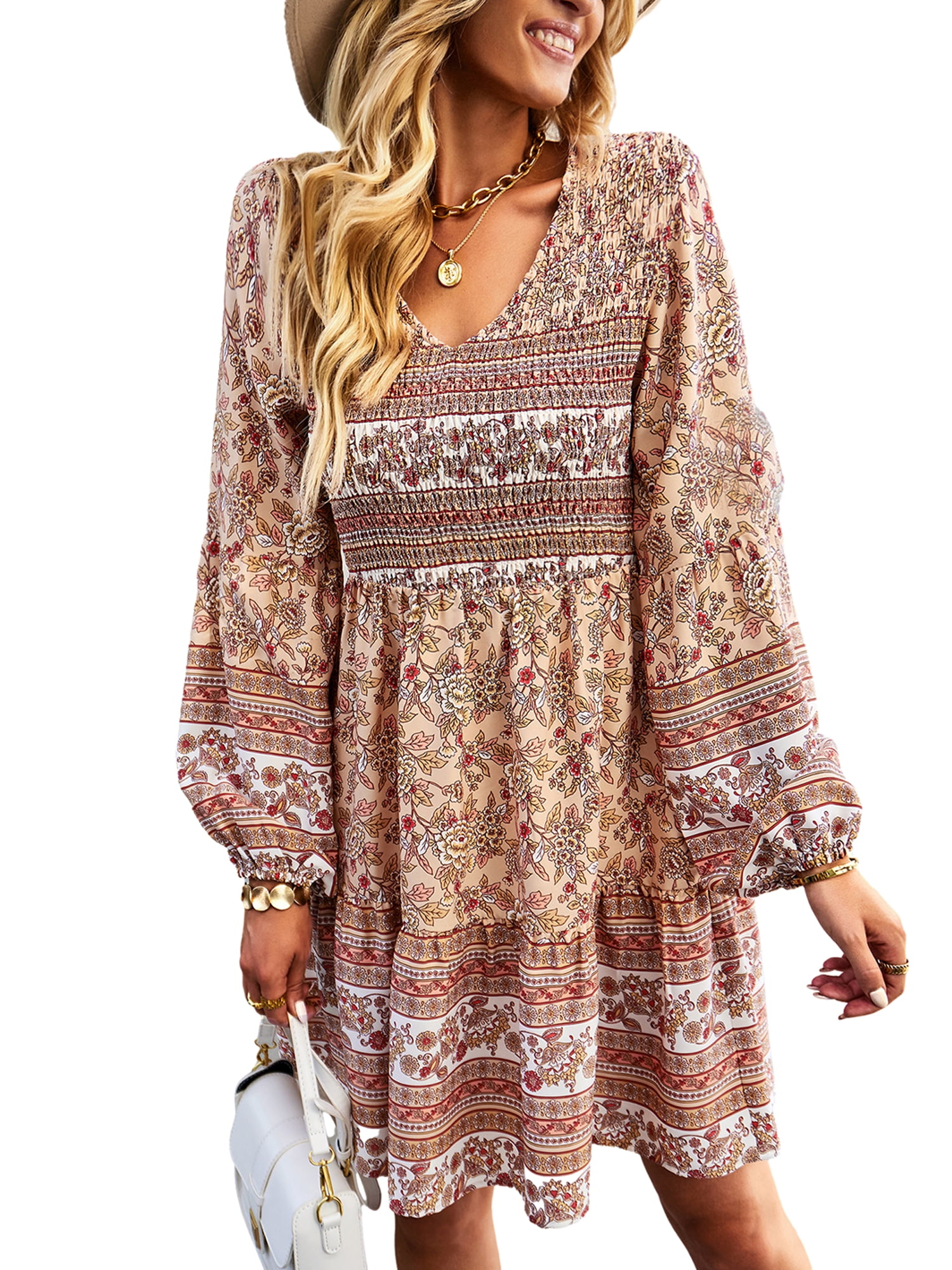 GXFC Women Fall Boho Dress Vintage Long Sleeve Big High Waist Mini Dress Autumn Flowy Short Dress Clothing for Beach Street Walmart