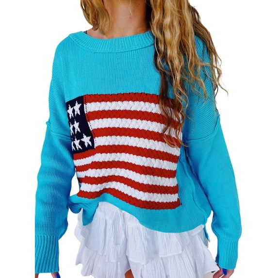 GXFC Women Fall Sweater Clothes Trendy Long Sleeve Flag Print Knit Pullovers Knitwear Tops Autumn Clothing for Teen Girls