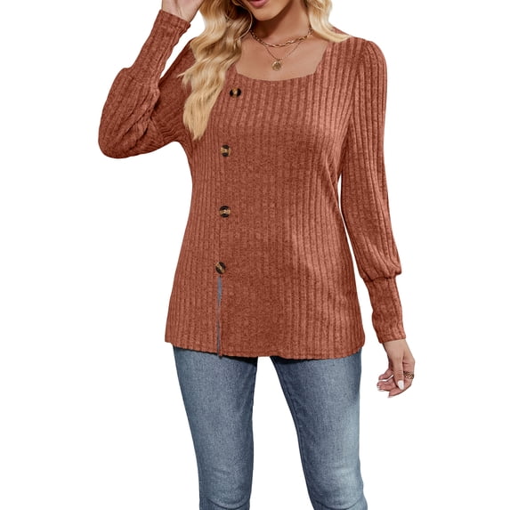 GXFC Women Fashion Ribbed T-Shirts Long Sleeve Shirts Solid Color Pullover Square Neck Buttons Puff Blouses Spring Fall Casual Loose Fit Tops