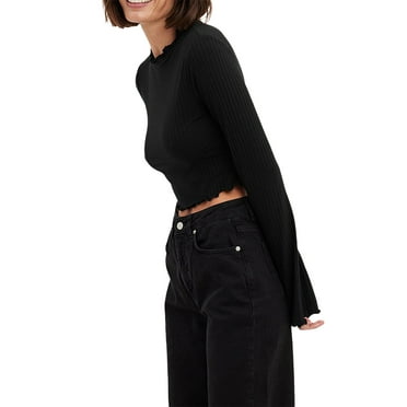GXFC Women Long Sleeve Crop Tops Slim Fit Shirts Solid Color Ribbed T-Shirts Spring Fall Casual Pullover