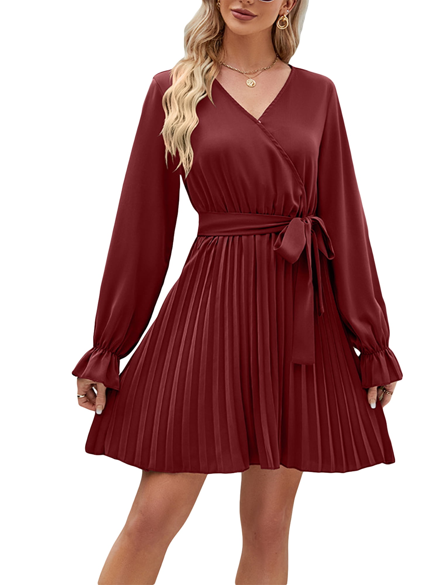 GXFC Women Maternity Fall Dress Casual Long Sleeve V Neck Pleated Wrap ...