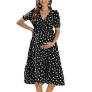 GXFC Women Maternity Swing Dress Casual Short Sleeve V Neck Floral High Waist Midi Dress Summer Plus Size A-line Dress for Pregnancy