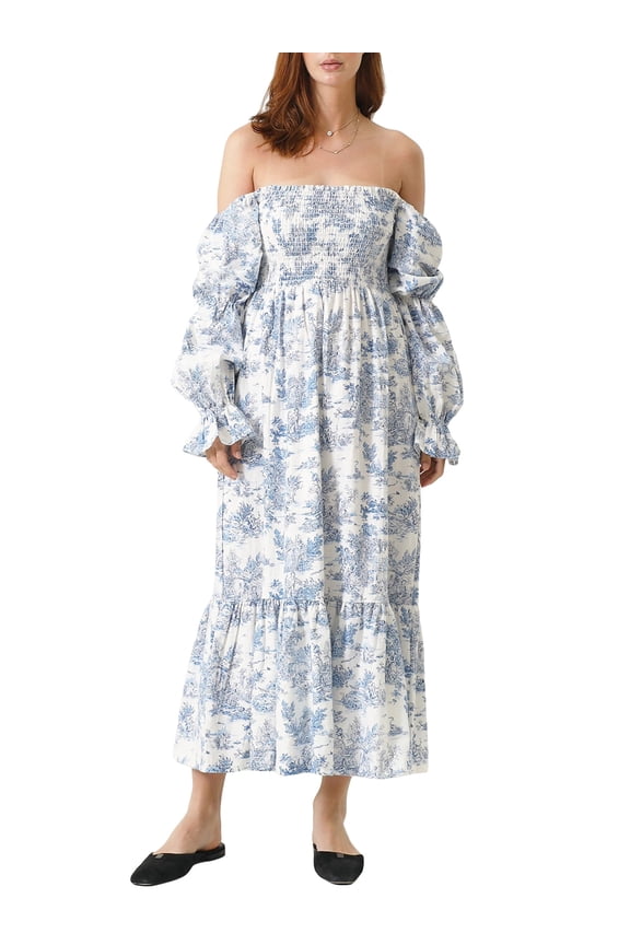 Women Midi Dress Strapless Long Sleeve Floral Dress for Daily