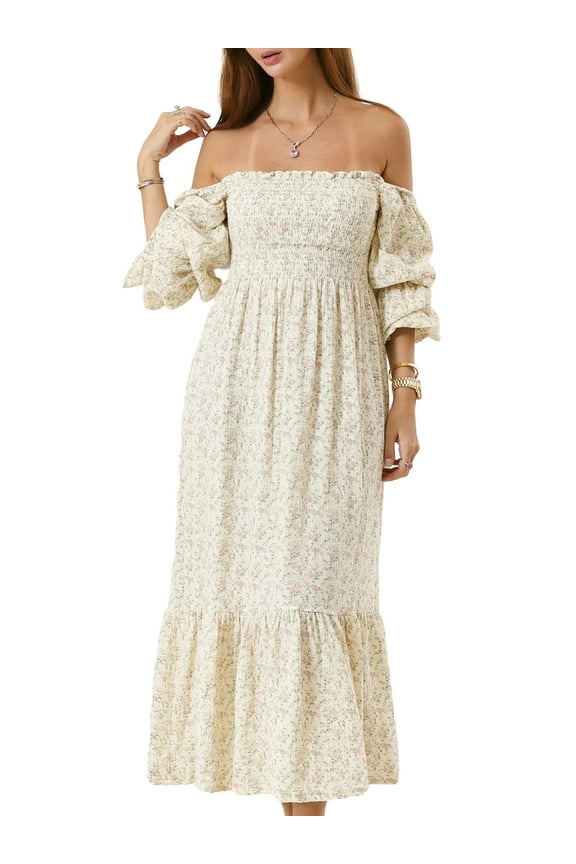 Women Midi Dress Strapless Long Sleeve Floral Dress for Daily