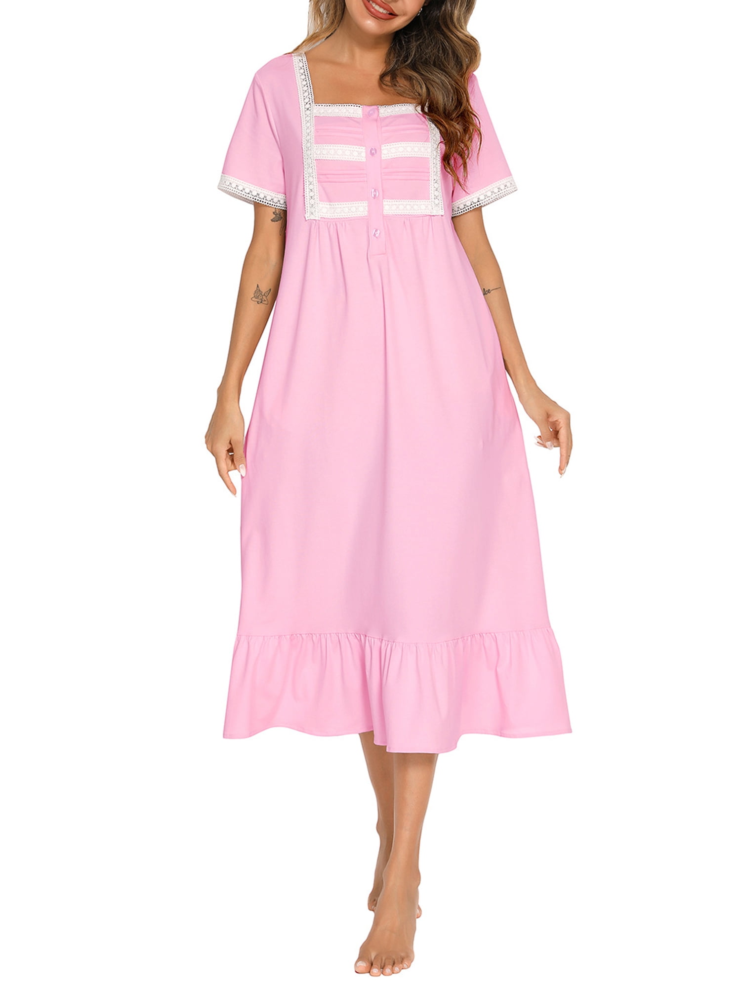 GXFC Women Night Dress Short Sleeve Ruffled Hem Lace Trim Nightgowns ...