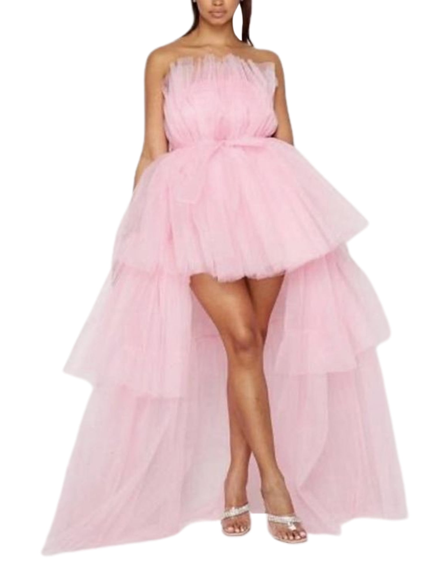 high low tutu prom dress Hot Pink High Low Puffy A Line Prom Dresses Ruched Strapless Tiered Tulle Tutu Skirts Cocktail Party Dress Evening Gown