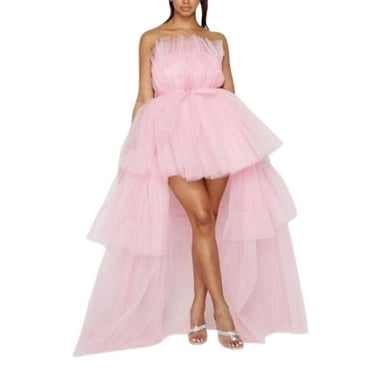 GXFC Women Off Shoulder Mesh Tulle Dress Sexy Solid Color Tiered Tube Tutu Long High Low Puffy Dress Prom Evening Fairy Gowns