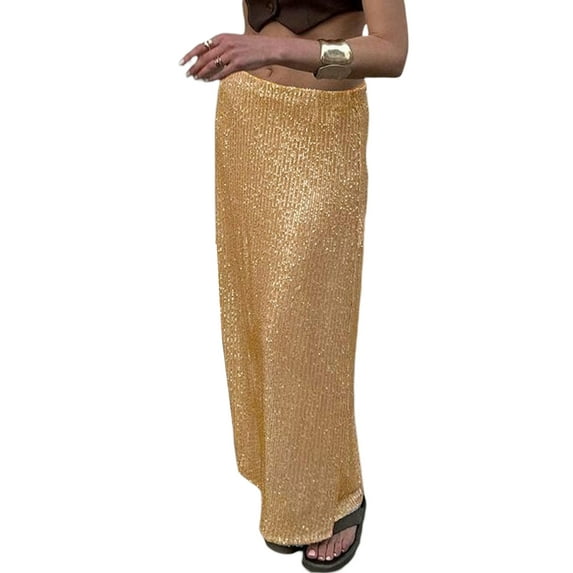 GXFC Women Sequins Maxi Skirts Slit High Waist Party Skirts