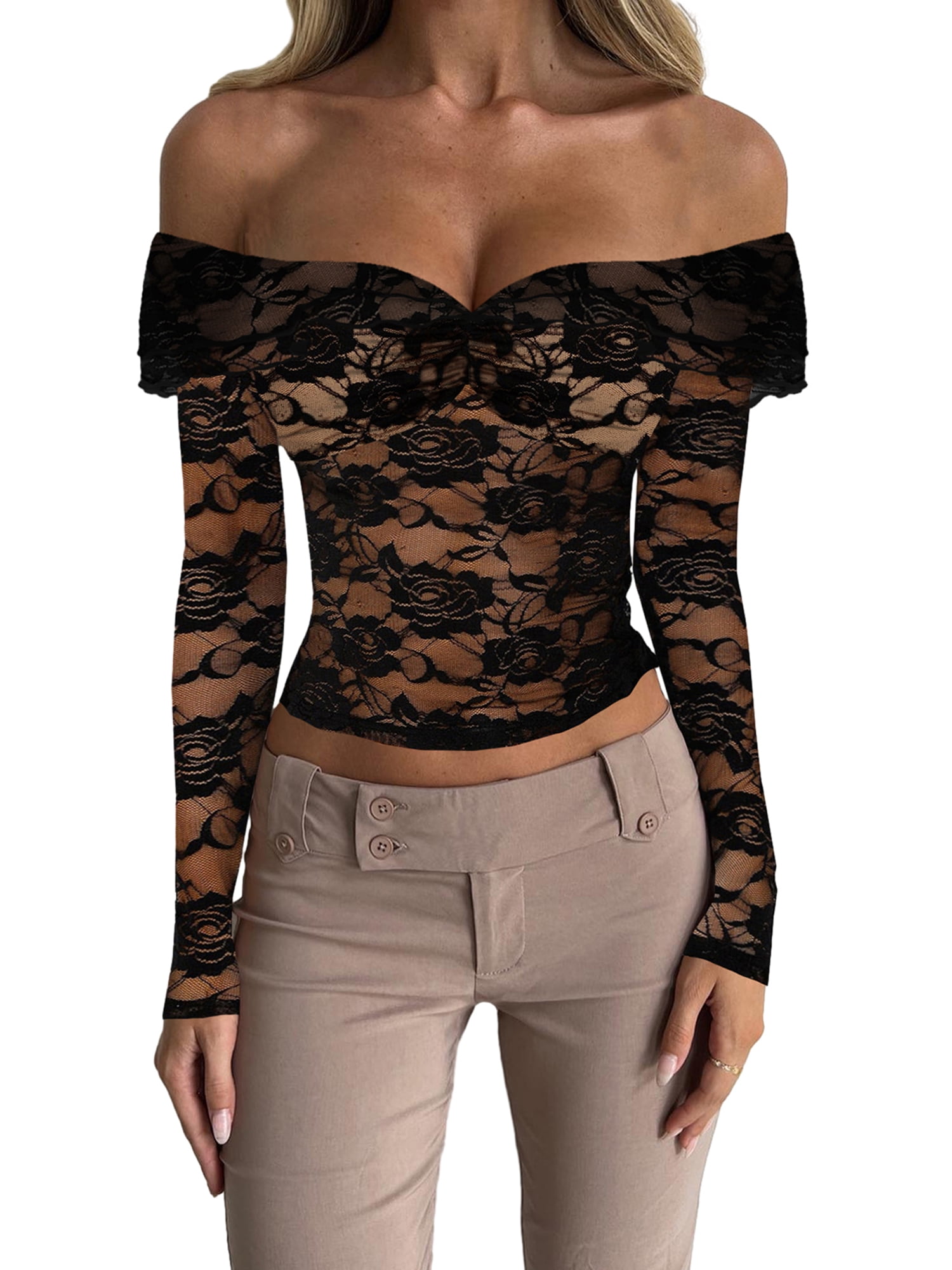 Long sleeve off shoulder see through lace pant set