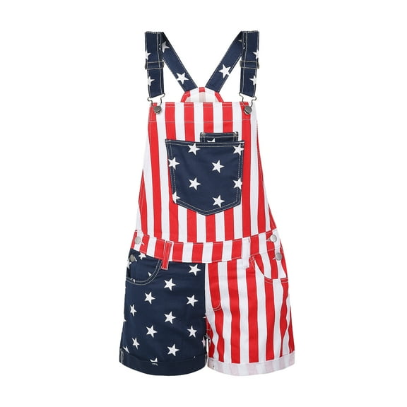 GXFC Women Summer Denim Overalls, Adults Color Block Stripe Star Print Suspender Shorts with Pockets
