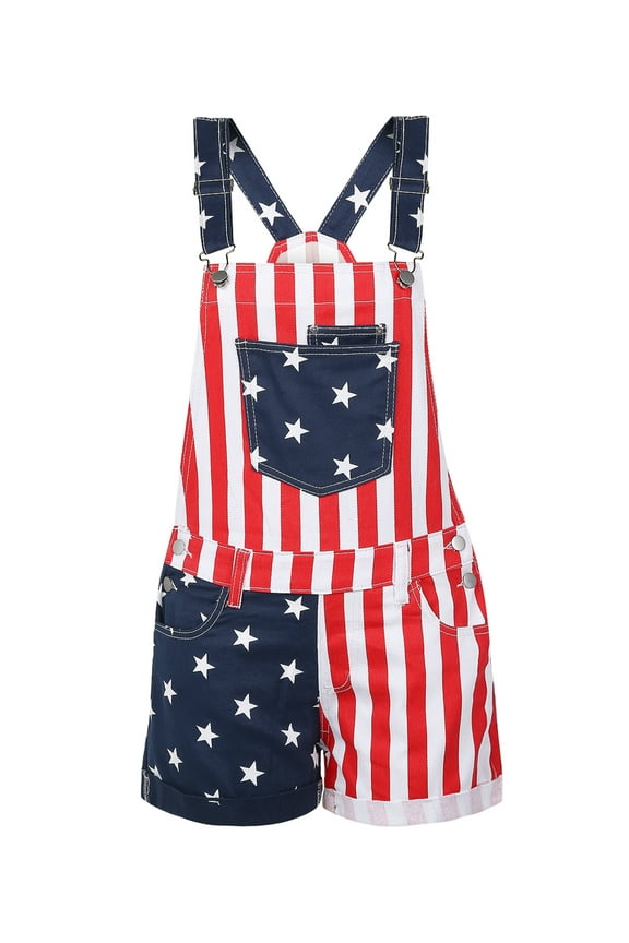 Women Summer Denim Overalls, Adults Color Block Stripe Star Print Suspender Shorts with Pockets