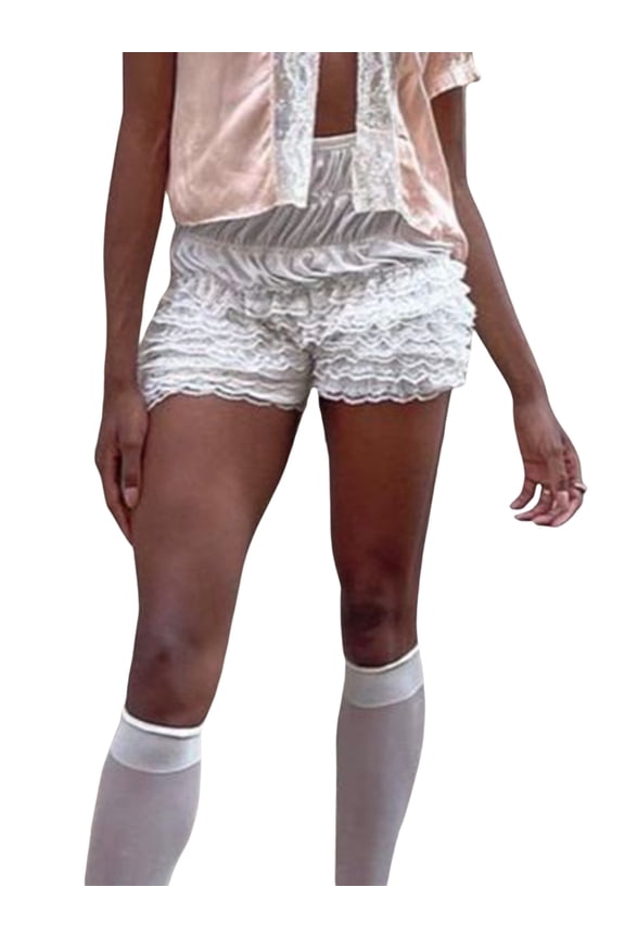 Women Summer Low Waist Floral Lace Shorts Casual Ruffled Elastic Waist Short Pants for Beach Nightclub Streetwear Bar