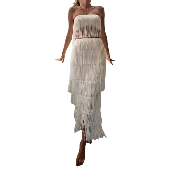 GXFC Women Tassel Hem Strapless Tube Top and Elastic Waist Tassel Long Dress Solid Color 2 Piece Outfits Dance Party Dress Evening Party Dress Beach Streetwear for Bar Dance Party Club Summer Clothes