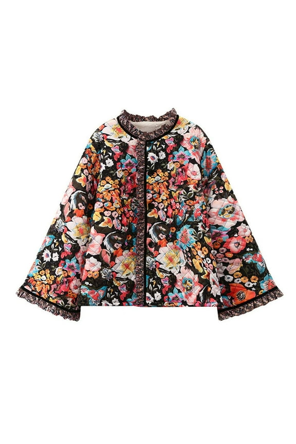 Women Winter Fleece Quilted Jacket Casual Floral Print Cardigan Lightweight Long Sleeve Button Oversize Coat for Fall Loose Outwear Streetwear