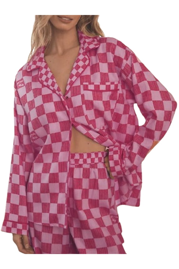 Women’s 2 Piece Classic Pajama Outfits Ladies Checkered Print Loungewear Long Sleeve Shirts Button Up Tops + Elastic Waist Pants Set Women Fashal Comfy Daily Sleepwear for Spring Fall