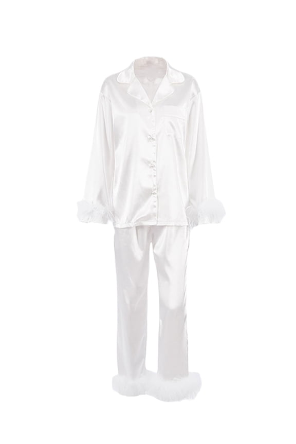 Women’s Pajama Outfits Lady Sleeveless Button-Down Collar Feather Decoration Tops+Pants Lounge Loungewear Sleepwear 2Pcs Set for Women