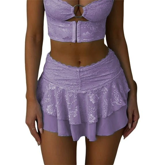 GXFC Women's Sexy Mini A-Line Skirts Ladies Cute Low Waist Layered Fairy Skirt Floral Jacquard Lace Ruffle Skirts Mesh Pleated Party Skirts Fashion Suts Streetwear for Bar Club Beach Holiday