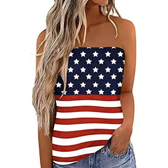 GXFC Women's Summer Tube Tops, Strapless Solid Color/Stripes/Flag Print Stretchy Bandeau Tank Tops