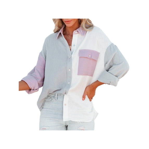 GXFC Womens Color Block Button Down Shirts Long Sleeve Oversized Boyfriend Blouses Tops with Pockets
