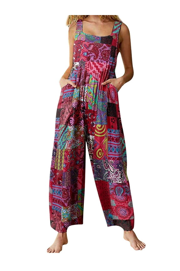 Womens Jumpsuit Suspender Wide Leg Overall Loose Bib Overalls, Summer Boho Button Up Baggy Jumpsuits Wide Legged Harem Pants