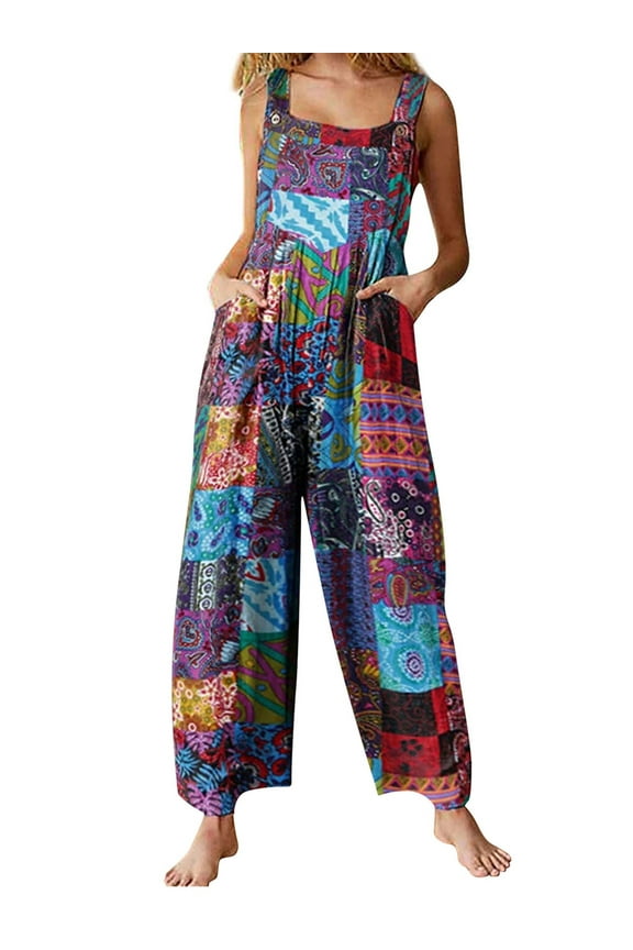 Womens Jumpsuit Suspender Wide Leg Overall Loose Bib Overalls, Summer Boho Button Up Baggy Jumpsuits Wide Legged Harem Pants