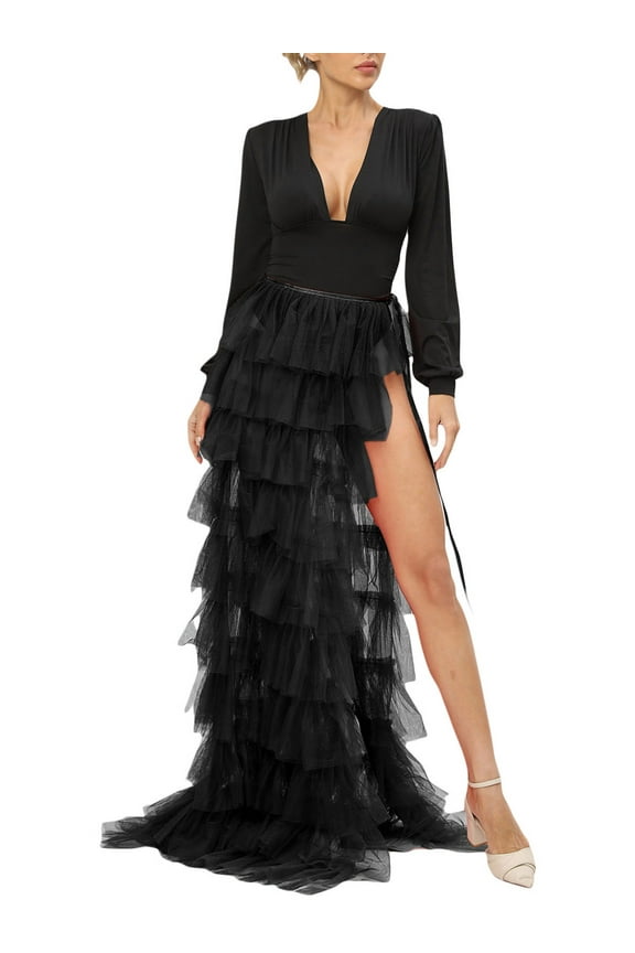 Womens Maxi Skirt Sexy Tiered Side Slit Solid Elastic Waisted Skirt Trendy Summer Cocktail Party Long Skirts for Womens