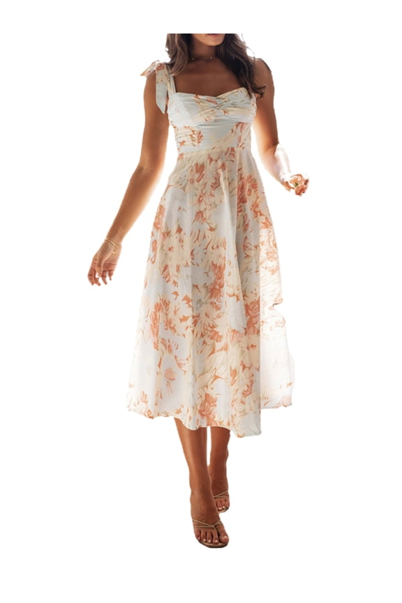 Womens Slip Midi Dress Sleeveless Spaghetti Straps Floral High Waisted Dresses Summer Casual A-line Dresses Daily Beach Dress for Women