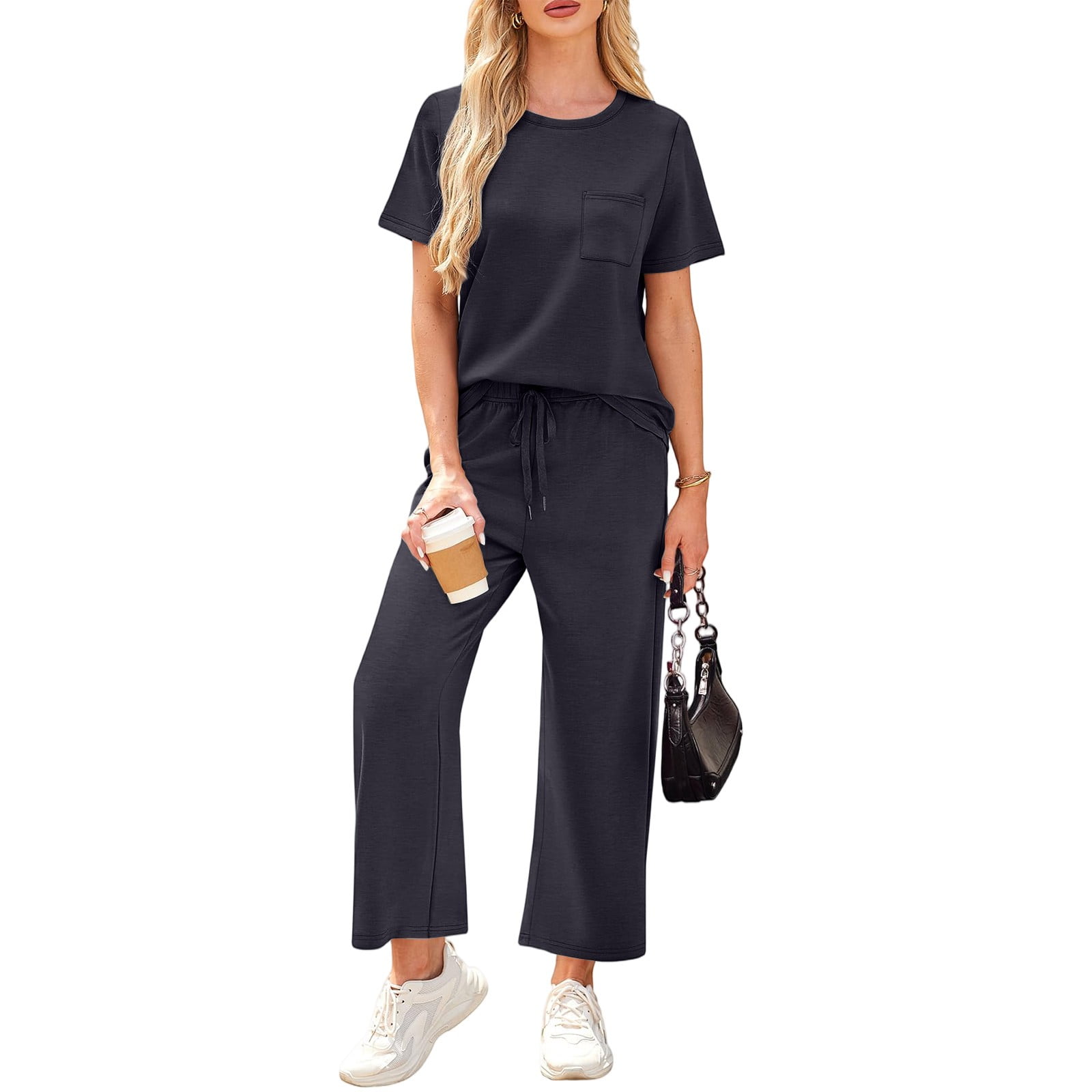 GXIPO 2 Piece Sets for Women Casual Summer Travel Vacation Outfits Short Sleeve Lounge Set Navy M