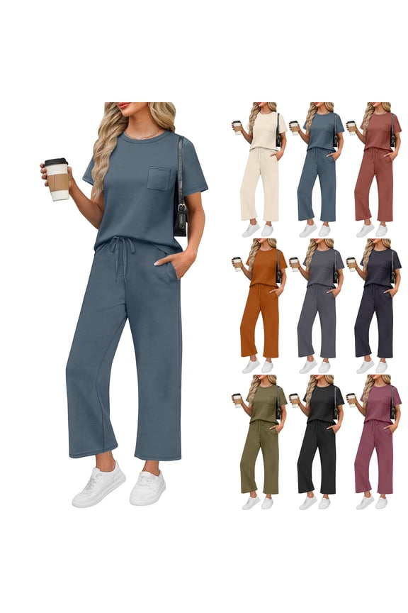 2025 Trendy Lounge Sets for Women 2 Piece Casual Outfits Comfy Vacation Ready Wide Leg Tracksuits Navy XL
