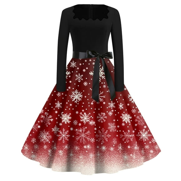 GXIPO Audrey Hepburn Vintage Style Christmas Dresses for Women Xmas Snowflake Prom Long Sleeve Cocktail Dresses Square Neck with Belt 1950s Swing Dress Deep Red 5XL
