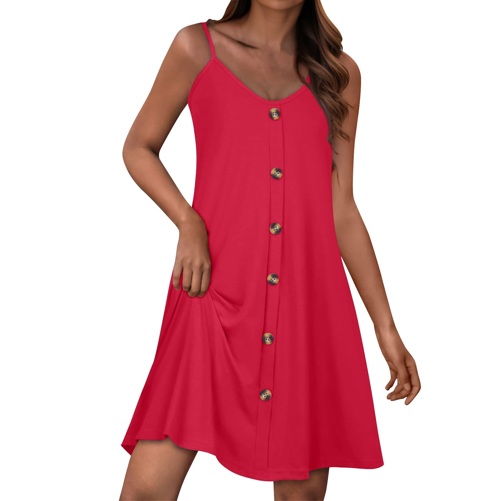 Beach Vacation Casual Summer Dresses for Women Spaghetti Strap Button Down Sun Dress Sleeveless Solid T Shirt Dress with Pockets Red XL