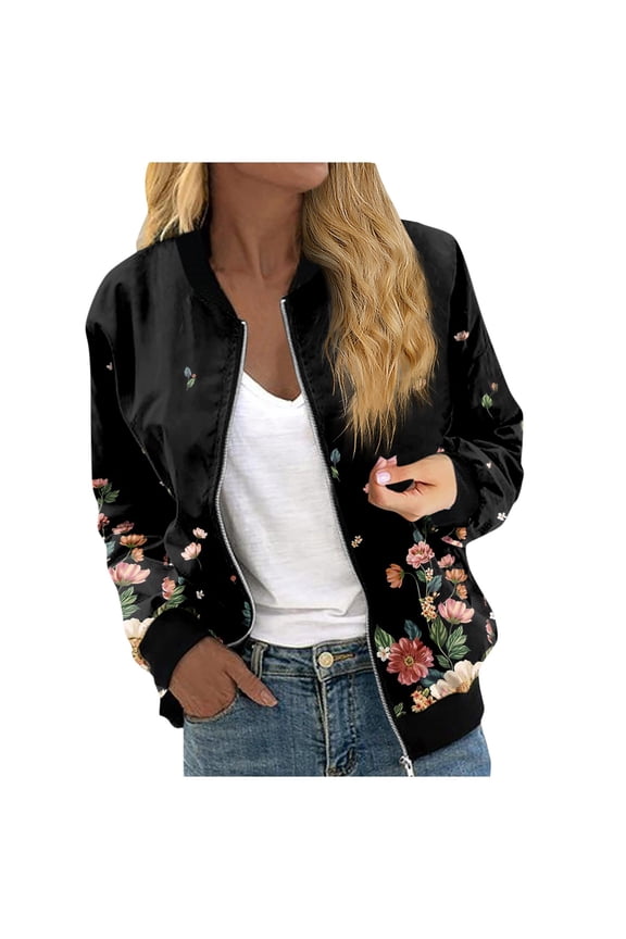 Bomber Jacket Women 2024 Causal Floral Zip Up Coats Long Sleeve Stand Collar Fall Jackets Lightweight Outerwear Tops Black M