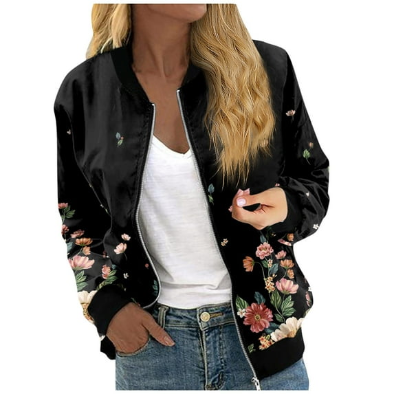 GXIPO Bomber Jacket Women 2024 Causal Floral Zip Up Coats Long Sleeve Stand Collar Fall Jackets Lightweight Outerwear Tops Black S