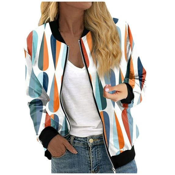 GXIPO Bomber Jacket Women 2024 Causal Floral Zip Up Coats Long Sleeve Stand Collar Fall Jackets Lightweight Outerwear Tops Blue 2XL