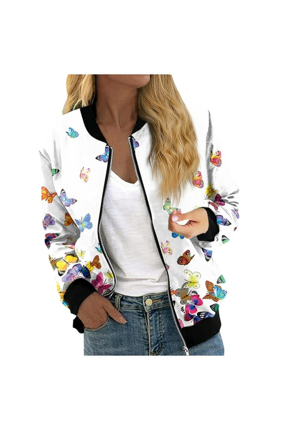 Bomber Jacket Women 2024 Causal Floral Zip Up Coats Long Sleeve Stand Collar Fall Jackets Lightweight Outerwear Tops Multicolor 2XL