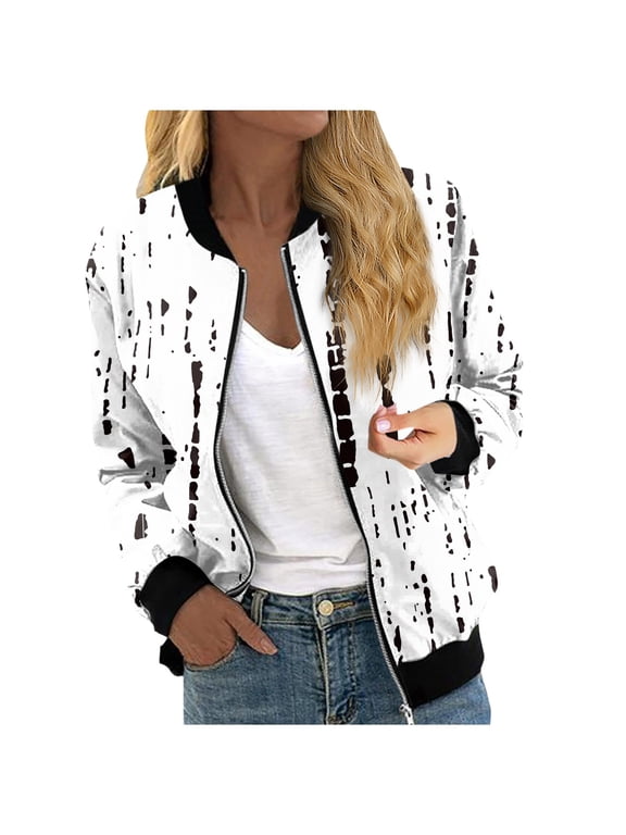 Bomber Jacket Women 2024 Causal Floral Zip Up Coats Long Sleeve Stand Collar Fall Jackets Lightweight Outerwear Tops White L