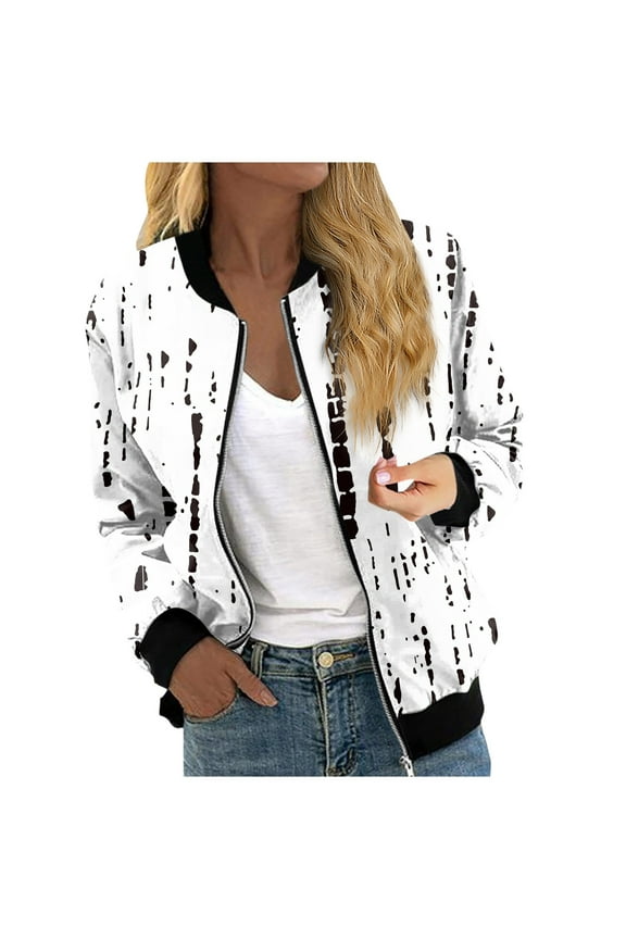 Bomber Jacket Women 2024 Causal Floral Zip Up Coats Long Sleeve Stand Collar Fall Jackets Lightweight Outerwear Tops White M