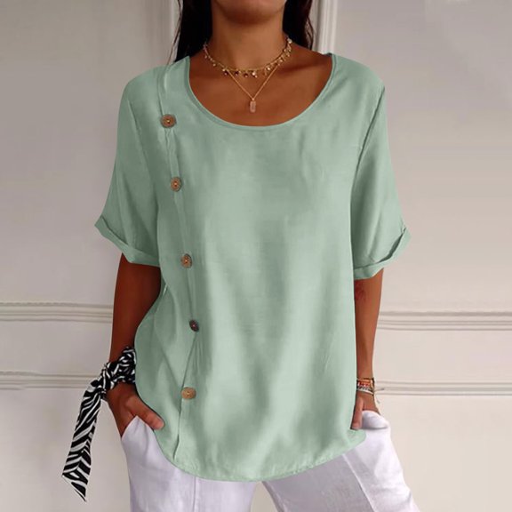 GXIPO Button Down Shirt Women Cotton Short Sleeve Blouses Crew Neck Collared Button Up Summer Beach Tops Light Green XL