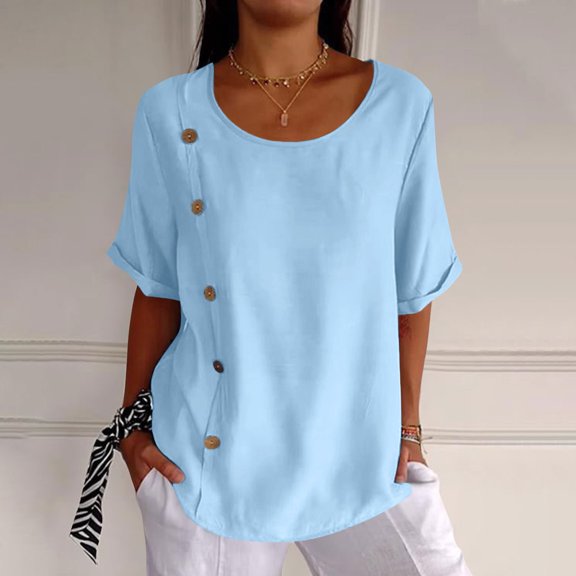 GXIPO Button Down Shirt Women Cotton Short Sleeve Blouses Crew Neck Collared Button Up Summer Beach Tops Sky Blue 2XL